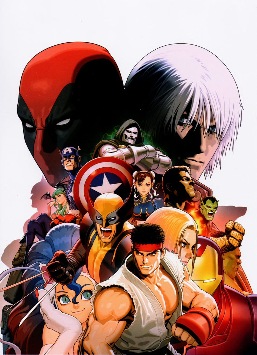 6+boys absurdres amaterasu animal_print avengers bat_print bruce_banner capcom captain_america chris_redfield chun-li dante_(devil_may_cry) deadpool devil_may_cry doctor_doom felicia highres hulk iron_man marvel marvel_vs._capcom marvel_vs._capcom_3 mori_toshiaki morrigan_aensland multiple_boys multiple_girls official_art print_legwear realistic ryuu_(street_fighter) scan silhouette steve_rogers street_fighter super-skrull thor_(marvel) trish_(devil_may_cry) vampire_(game) wolverine x-men