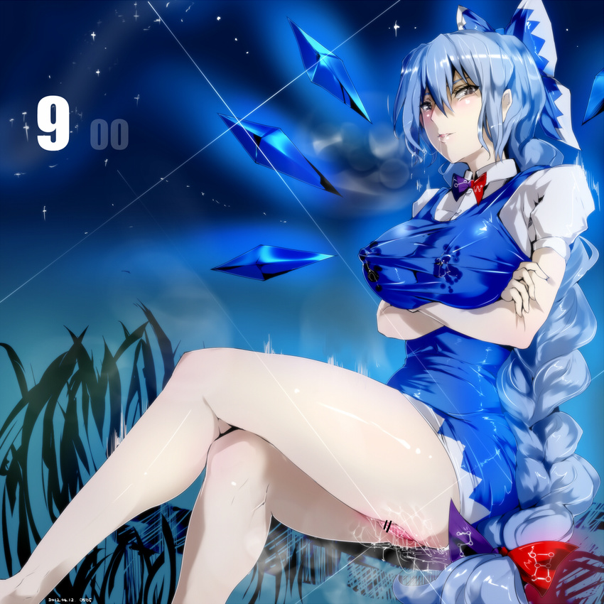 alternate_breast_size black_eyes blue_hair bow braid breast_hold breasts censored cirno covered_nipples crossed_arms crossed_legs dress fusion hair_bow highres ice ice_wings lactation lactation_through_clothes large_breasts legs long_hair long_legs nyuu_(manekin-eko) older pointless_censoring pussy pussy_juice single_braid sitting solo thighs touhou wings yagokoro_eirin