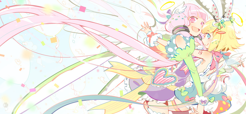 :d animal_ears aqua_eyes balloon blonde_hair bloomers bow bunny_ears bunny_tail dress hair_ornament hairclip halo heart kagamine_rin long_hair low_twintails multiple_girls open_mouth pink_eyes profile purple_hair reika_(clovia_studio) ribbon short_hair smile tail tattoo twintails underwear very_long_hair vocaloid voiceroid yuzuki_yukari