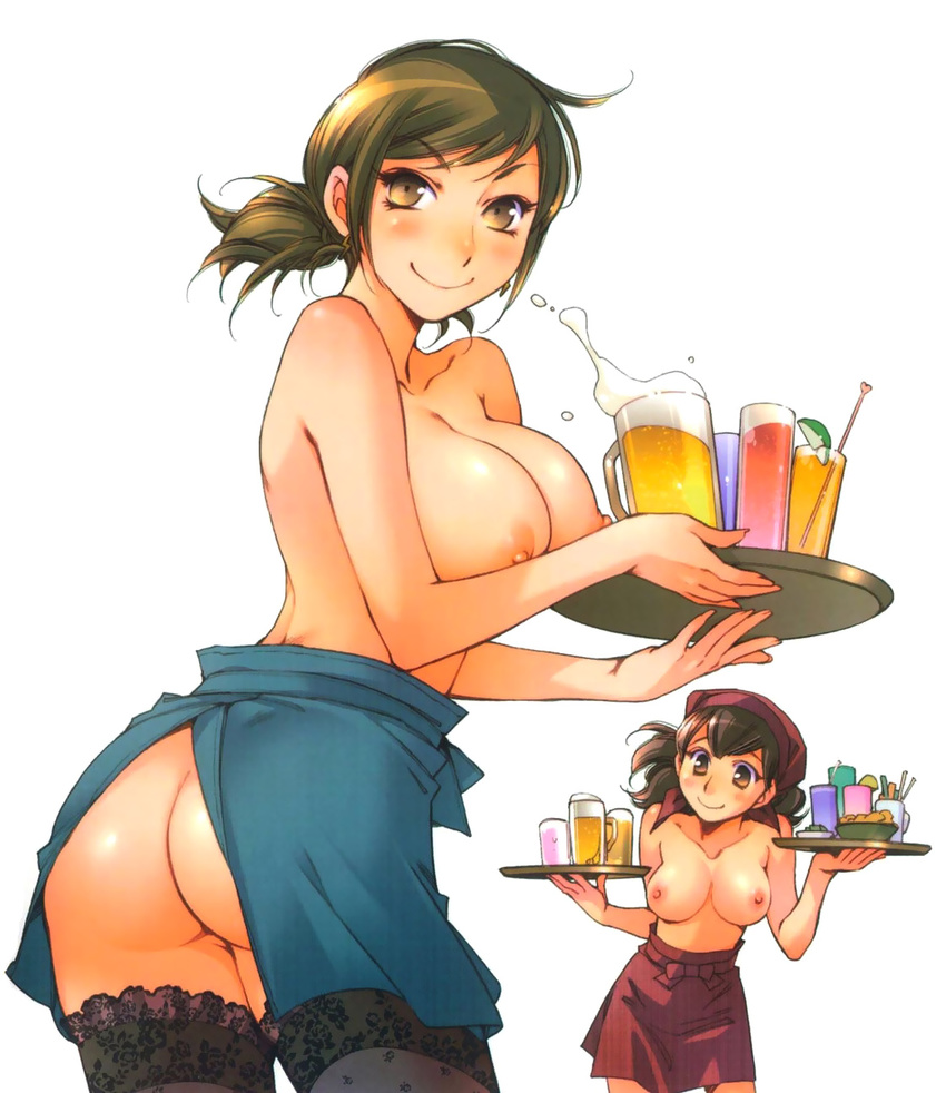 alcohol ass back_cover beer black_legwear breasts brown_eyes brown_hair cover cup food glass highres kerorin large_breasts long_hair mug multiple_girls nipples original simple_background smile thighhighs topless white_background