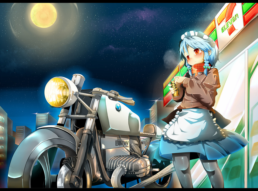 7-eleven blue_hair bmw braid building can convenience_store dress full_moon ground_vehicle highres izayoi_sakuya jacket jinkou-kuu leather leather_jacket letterboxed maid maid_headdress moon motor_vehicle motorcycle night pantyhose red_eyes scarf shop sky skyscraper solo star_(sky) starry_sky touhou twin_braids