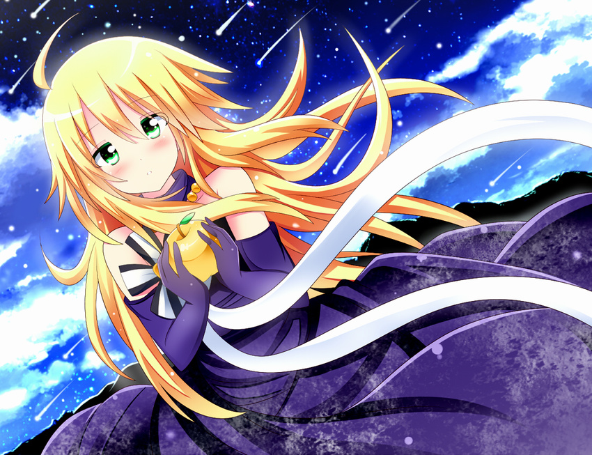 ahoge apple bad_id bad_pixiv_id bare_shoulders blonde_hair blush dress elbow_gloves food fruit gloves golden_apple green_eyes hoshii_miki idolmaster idolmaster_(classic) long_hair shinekalta shooting_star solo