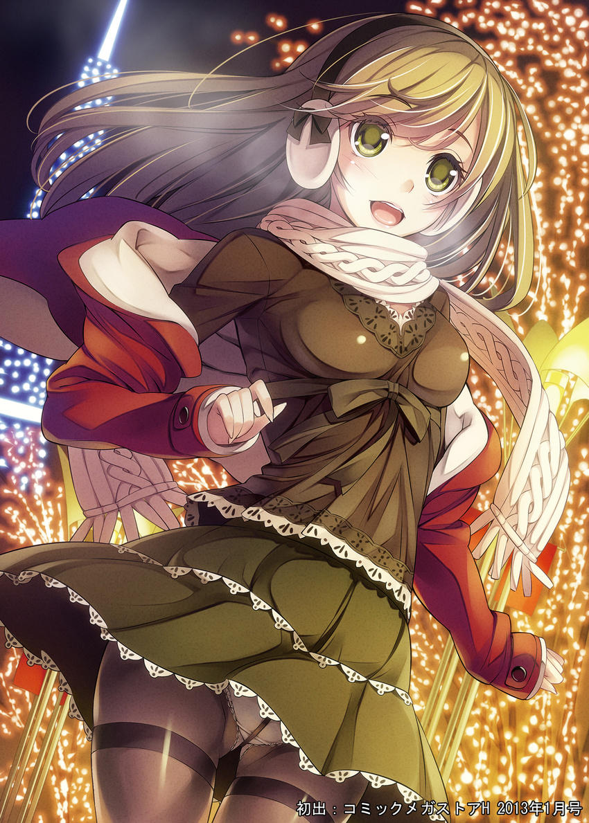 :d bangs black_legwear blurry blush bow coat crotch_seam dated depth_of_field earmuffs fingernails floating_hair glowing green_eyes green_hair happy highres ikeda_yasuhiro lace lace-trimmed_shirt lace-trimmed_skirt lights long_fingernails long_hair long_sleeves looking_at_viewer miniskirt night night_sky off_shoulder open_clothes open_coat open_mouth original outdoors panties panties_under_pantyhose pantyhose pantyshot pantyshot_(standing) ribbon scarf shirt skirt sky sleeves_past_wrists smile solo standing thigh_gap thighband_pantyhose underwear upskirt watermark white_panties wind wind_lift