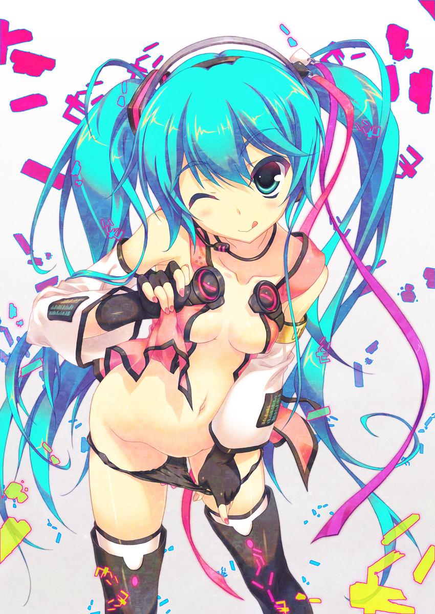 ;q aoi_sora-maru aqua_eyes aqua_hair black_legwear black_panties blush breasts collarbone fingerless_gloves freely_tomorrow_(vocaloid) gloves groin hair_ornament hatsune_miku highres long_hair looking_at_viewer medium_breasts nail_polish navel one_eye_closed panties panty_pull project_diva_(series) project_diva_f pulled_by_self solo thighhighs tongue tongue_out twintails underwear very_long_hair vocaloid