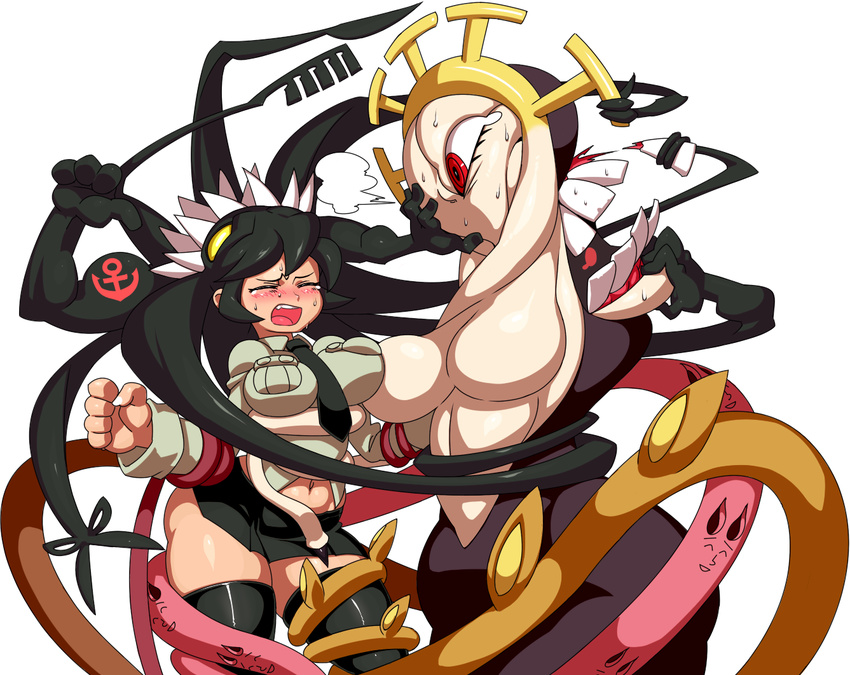 black_hair black_legwear blush breasts closed_eyes double_(skullgirls) extra_mouth fighting filia_(skullgirls) jill_besson_(vordandan) large_breasts monster_girl mutant necktie open_mouth pain prehensile_hair red_eyes samson_(skullgirls) skullgirls teeth tentacles thighhighs tongue