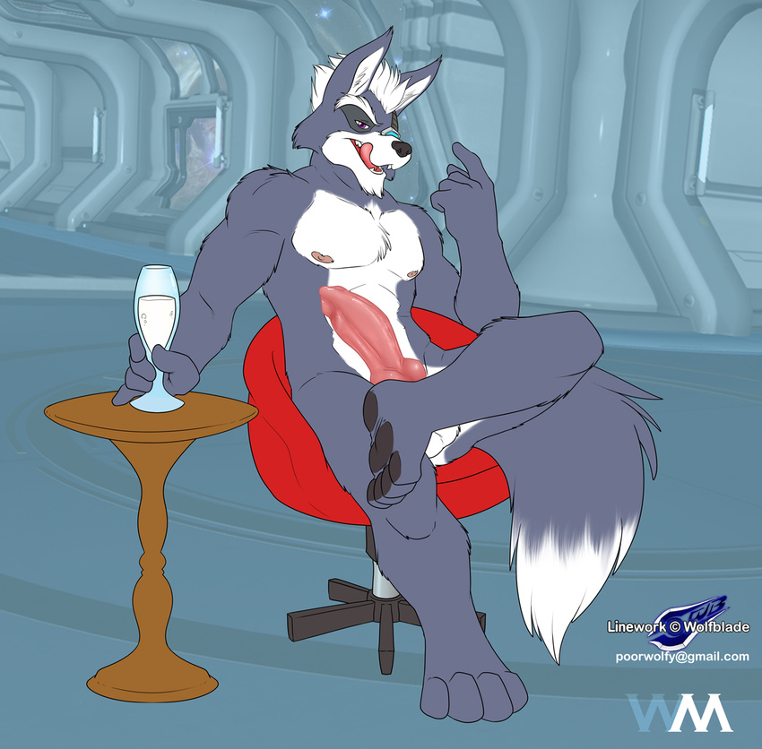 anatomically_correct balls canine canine_penis chair glass knot looking_at_viewer male mammal nintendo penis reclining seductive sitting solo star_fox tongue tongue_out video_games wolf wolf_o'donnell wolf_o'donnell wolfblade