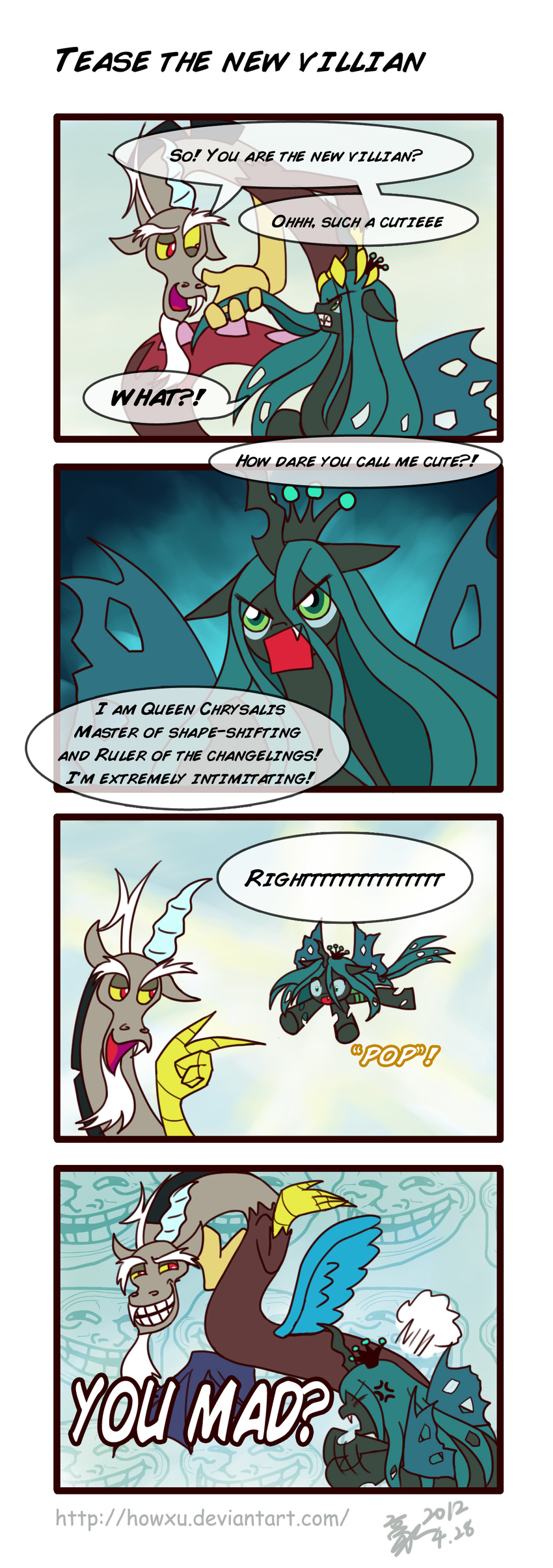 antler antlers changeling comic dialog dialogue discord_(mlp) doom1945 draconequus duo english_text equine female feral friendship_is_magic green_eyes green_hair hair horn howxu male mammal meme my_little_pony queen_chrysalis_(mlp) red_eyes text transformation trollface wings