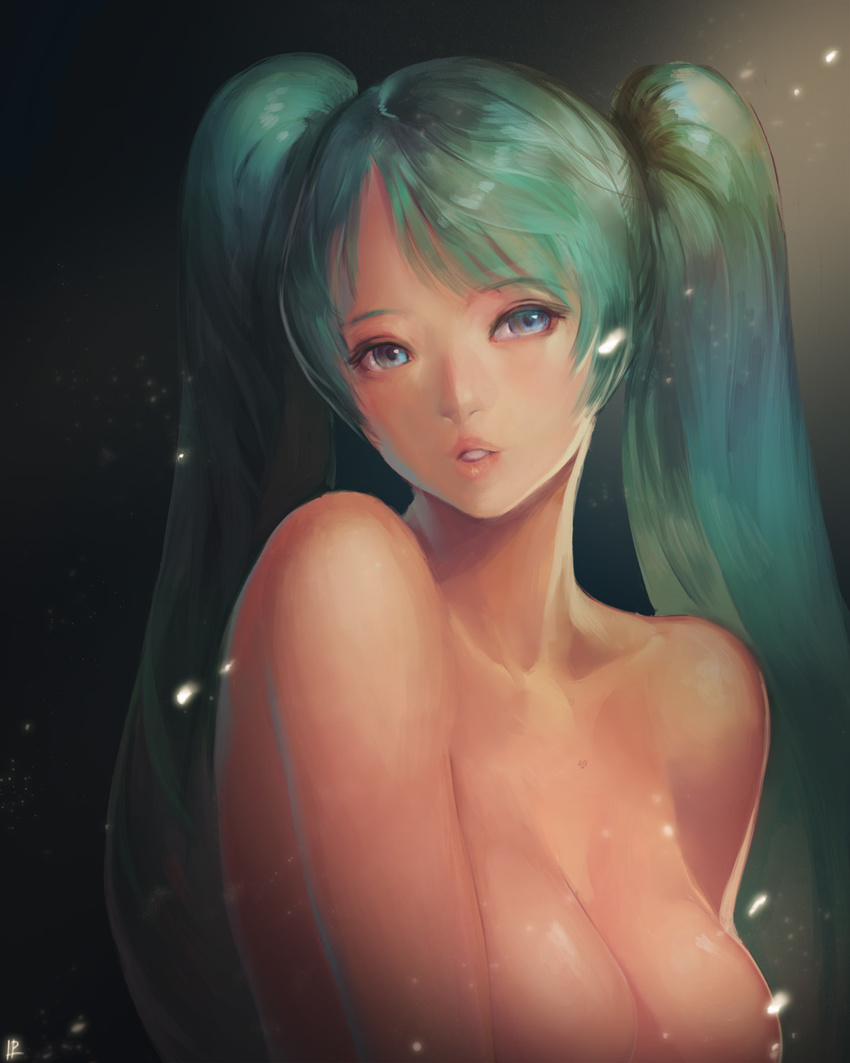 aqua_eyes aqua_hair breasts face highres instant_ip large_breasts league_of_legends lips long_hair looking_at_viewer nude parted_lips solo sona_buvelle twintails upper_body