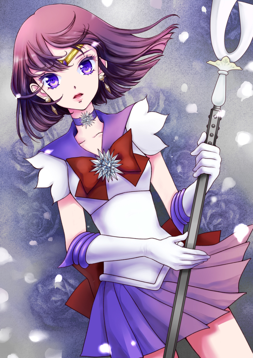 absurdres back_bow bishoujo_senshi_sailor_moon blue_background bow brooch brown_bow choker dutch_angle earrings floral_background gloves highres holding holding_spear holding_weapon jewelry magical_girl megumi_choco pleated_skirt polearm purple_eyes purple_hair purple_sailor_collar purple_skirt ribbon sailor_collar sailor_saturn sailor_senshi_uniform short_hair silence_glaive skirt solo spear star star_choker tiara tomoe_hotaru weapon white_gloves