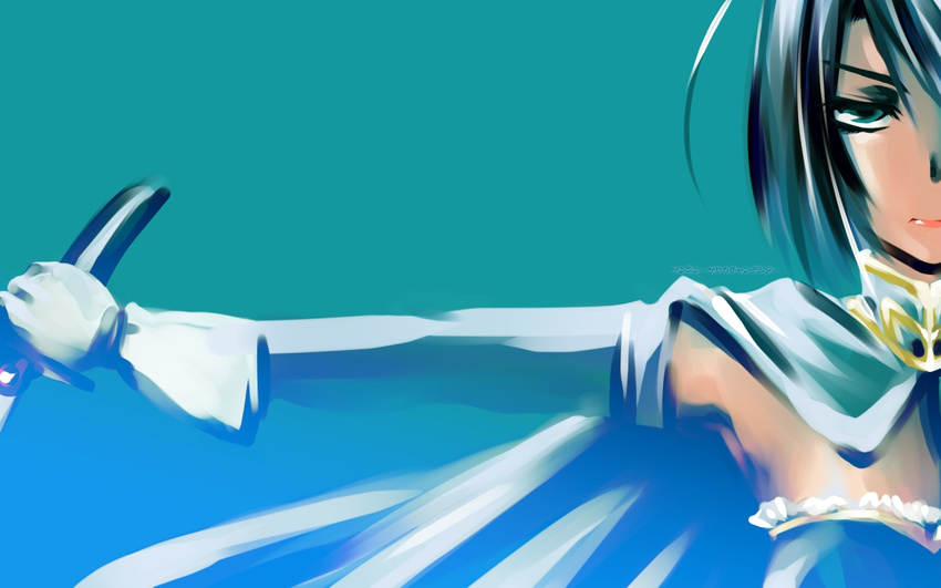 bad_id bad_pixiv_id blue_eyes blue_hair cape detached_sleeves gloves magical_girl mahou_shoujo_madoka_magica mike156 miki_sayaka outstretched_arm short_hair simple_background solo