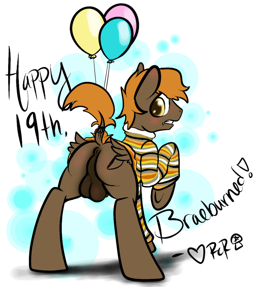 anus balloons balls birthday blush butt clothing equine feral horse looking_at_viewer looking_back male mammal my_little_pony open_mouth pegasus plain_background pony raised_tail rawrcharlierawr solo sweater umber white_background wings yellow_eyes