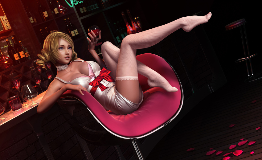 3d absurdres alcohol bangs bar bar_stool blonde_hair blue_eyes bottle bra breasts camisole catherine catherine_(game) choker cup drill_hair drinking_glass dutch_angle fishnet_legwear fishnets highres holding holding_cup indoors lace lace_choker leg_lift long_legs medium_breasts no_shoes parted_lips pencil_skirt petals pink_bra realistic reflection shirt short_hair short_twintails sign sitting skirt solo stool swept_bangs television thighhighs twin_drills twintails underwear white_legwear white_shirt white_skirt wine wine_glass wooden_floor znz