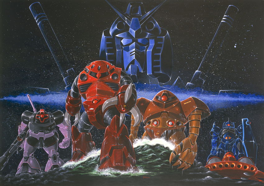 80s aircraft bazooka claws dodai_ys dom epic galaxy gogg gouf gun gundam highres machine_gun mecha milky_way mobile_suit mobile_suit_gundam movie_poster no_humans ocean official_art oldschool ookawara_kunio painting poster production_art realistic riding rocket_launcher rx-78-2 scan science_fiction shield signature sky space space_craft star_(sky) starry_sky traditional_media water waves weapon wet whip z'gok z'gok_char_custom zeon