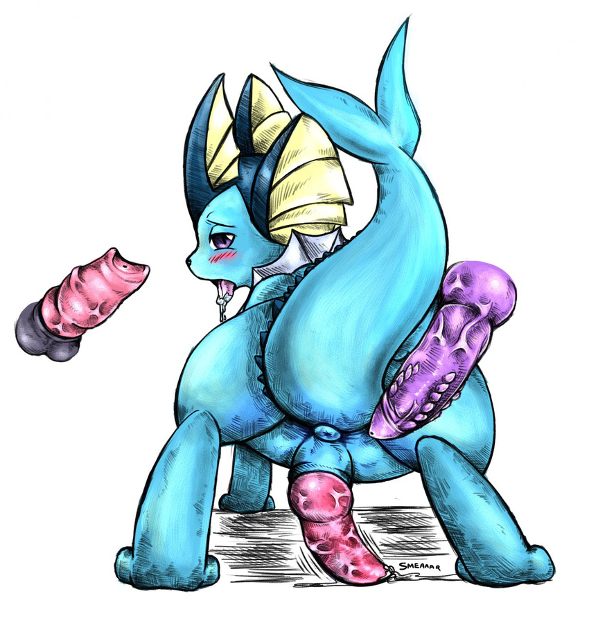 butt disembodied_penis eeveelution erection female gay looking_back male nintendo penis plain_background pok&#233;mon pok&eacute;mon precum presenting presenting_hindquarters purple_eyes straight tranquilmyst vaporeon video_games white_background