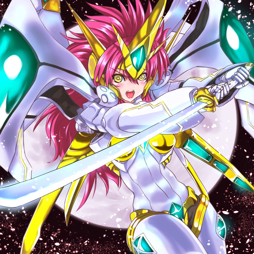 cherry_blossoms full_moon highres katana long_hair mecha moon open_mouth pink_hair puspus solo super_robot_wars super_robot_wars_the_lord_of_elemental sword valsione_r weapon yellow_eyes
