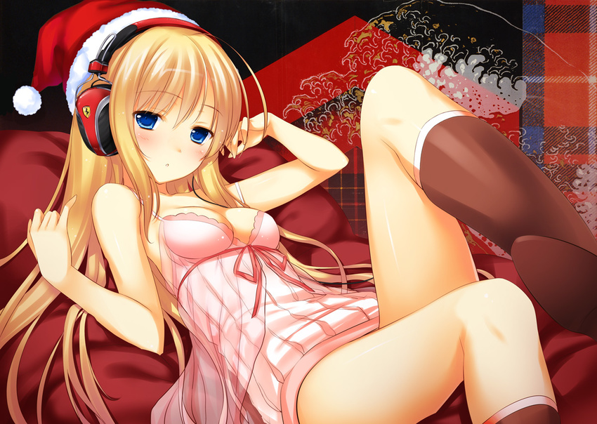 47agdragon babydoll blonde_hair blue_eyes boots breasts cleavage ferrari hat headphones legs logic3 logo long_hair lying medium_breasts red_legwear santa_hat solo strap_slip