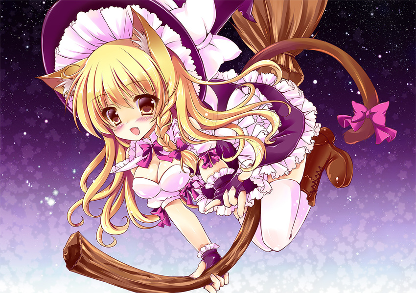 :d animal_ears bad_id bad_pixiv_id blonde_hair blush boots braid breasts broom broom_riding cat_ears cat_tail cleavage cross-laced_footwear fingerless_gloves frills gloves hair_ribbon honoka_chiffon kemonomimi_mode kirisame_marisa lace-up_boots light_particles long_hair medium_breasts open_mouth ribbon single_braid smile solo tail thighhighs touhou white_legwear yellow_eyes