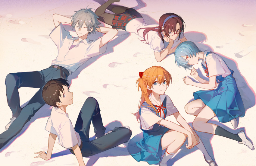 2boys 3girls ask_(askzy) ayanami_rei black_legwear blue_eyes blue_hair brown_hair collared_shirt commentary glasses hairband hairpods highres ikari_shinji interface_headset long_hair makinami_mari_illustrious multiple_boys multiple_girls nagisa_kaworu neon_genesis_evangelion orange_hair pantyhose plaid plaid_skirt puffy_short_sleeves puffy_sleeves rebuild_of_evangelion red_eyes school_uniform shirt short_hair short_sleeves silver_hair skirt souryuu_asuka_langley white_legwear