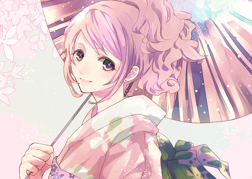 alicetype holding japanese_clothes kimono long_hair looking_at_viewer original pink_eyes pink_hair ponytail smile solo umbrella