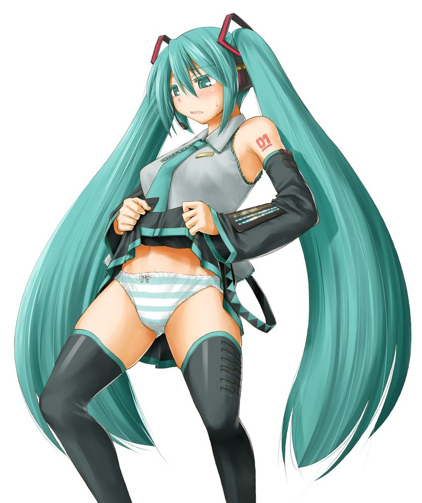 aqua_eyes aqua_hair bare_shoulders black_legwear blush detached_sleeves hair_ornament hatsune_miku headphones highres kasuga_yukihito long_hair necktie panties revision skirt skirt_lift solo striped striped_panties sweatdrop tattoo thighhighs twintails underwear very_long_hair vocaloid