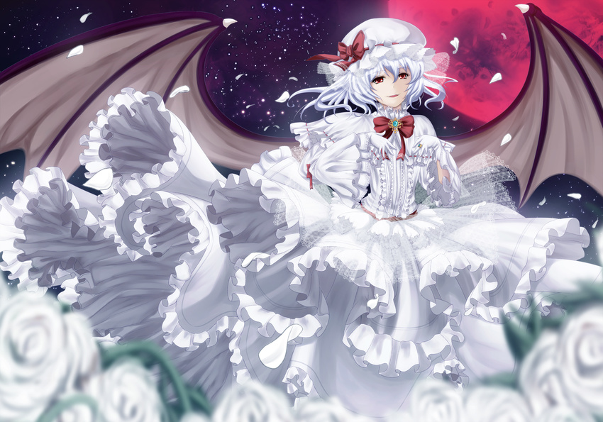 adapted_costume bat_wings bow brooch capelet dress flower frilled_dress frills full_moon gloves hat hat_ribbon highres jewelry long_sleeves moon night petals red_eyes red_moon remilia_scarlet ribbon ring rose silver_hair sky smile solo star_(sky) too_many too_many_frills touhou untsue white_dress white_flower white_gloves white_rose wide_sleeves wings