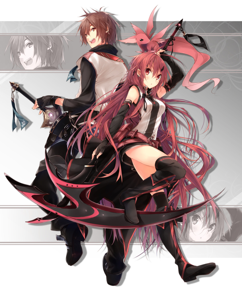 1girl :d animal back-to-back black_legwear boots brown_eyes brown_hair gloves grey_background highres kuwashima_rein long_hair looking_at_viewer looking_back open_mouth original pants pink_eyes pink_hair profile scythe sheath short_shorts shorts simple_background smile sword thighhighs weapon zettai_ryouiki zoom_layer