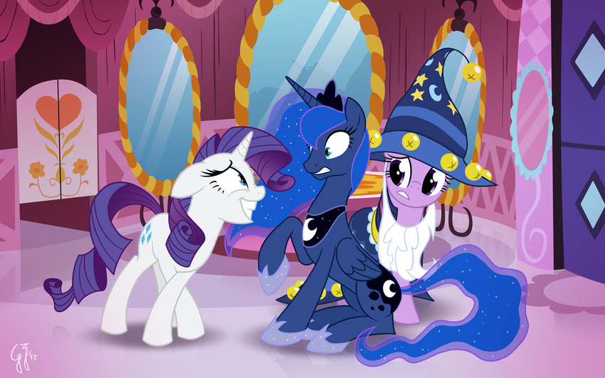 &lt;3 beard blue_eyes blue_hair crescent_moon crown cutie_mark equine facial_hair female feral friendship_is_magic glancojusticar hair hat horn horse mammal mirror moon my_little_pony necklace nervous pink_hair pony princess_luna_(mlp) purple_eyes purple_hair rarity_(mlp) robe smile starswirl_the_bearded_(mlp) twilight_sparkle_(mlp) two_tone_hair unicorn winged_unicorn wings wizard_hat