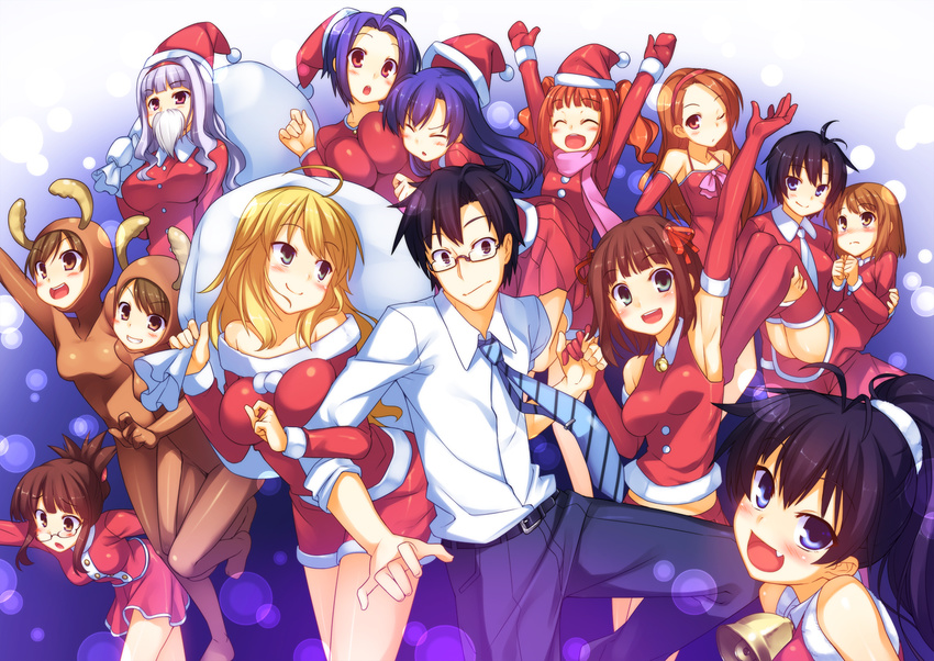 6+girls ahoge akizuki_ritsuko amami_haruka animal_costume antenna_hair arm_up armpits arms_up black_hair blonde_hair blue_eyes blue_hair blush breasts brown_eyes brown_hair carrying christmas elbow_gloves fang futami_ami futami_mami ganaha_hibiki glasses gloves green_eyes hagiwara_yukiho hair_ribbon hairband hat hoshii_miki idolmaster idolmaster_(classic) kikuchi_makoto kisaragi_chihaya long_hair medium_breasts minase_iori miura_azusa multiple_girls necktie open_mouth princess_carry producer_(idolmaster_anime) racer_(magnet) red_eyes ribbon santa_costume santa_hat shijou_takane short_hair silver_hair smile takatsuki_yayoi