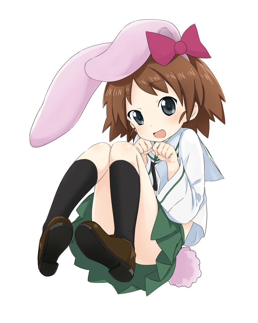 abe_kanari animal_ears bangs black_legwear blouse blue_eyes bow brown_eyes brown_footwear brown_hair bunny_ears bunny_tail girls_und_panzer green_skirt hair_bow highres kneehighs loafers long_sleeves miniskirt neckerchief ooarai_school_uniform open_mouth pleated_skirt sakaguchi_karina school_uniform serafuku shoes short_hair skirt smile solo tail white_blouse