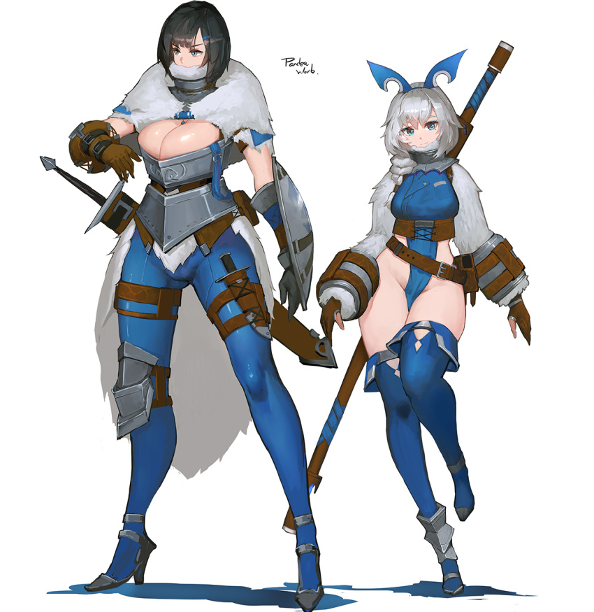 2girls blue_eyes blue_footwear blue_pants boots braid breasts brown_gloves bursting_breasts capelet cleavage commentary_request dagger fake_horns fantasy full_body fur-trimmed_sleeves fur_trim gloves gorget green_eyes hair_ornament hairclip height_difference high_heel_boots high_heels highres large_breasts medium_hair mole mole_under_eye multiple_girls neisa_(pandea_work) no_panties onean_(pandea_work) original pandea_work pants polearm revealing_clothes revision sheath sheathed short_hair shrug_(clothing) side_braid silver_hair single_braid single_knee_pad small_breasts smile sword the_elder_scrolls the_elder_scrolls_v:_skyrim thigh_boots thigh_gap thigh_strap thighhighs tight tight_pants weapon weapon_on_back white_background
