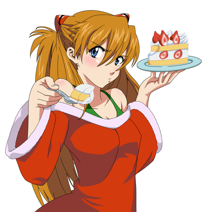 blue_eyes blush brown_hair cake food highres long_hair min_(westsign2170) neon_genesis_evangelion santa_costume simple_background solo souryuu_asuka_langley spoon white_background