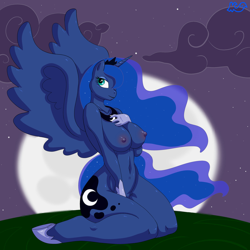 anthrofied blue_eyes blue_fur blue_hair breasts cloud cutie_mark equine female friendship_is_magic fur hair horn horse long_hair looking_at_viewer mammal moon my_little_pony night nipples outside pony princess_luna_(mlp) skidd solo winged_unicorn wings