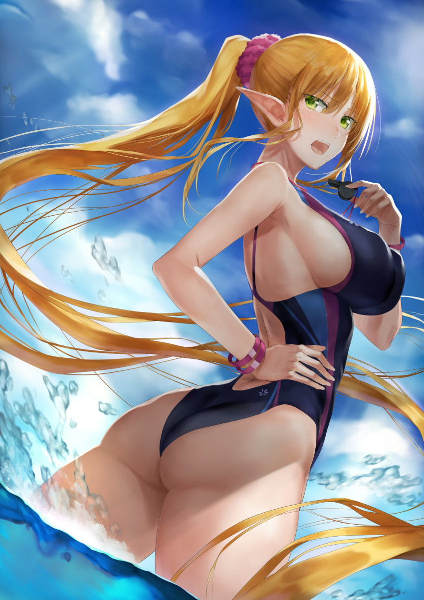1girl absurdly_long_hair akitaka_akita ass bangs bare_shoulders blonde_hair blue_sky blush breasts cloud competition_swimsuit day elf eyebrows_visible_through_hair floating_hair green_eyes hair_between_eyes hair_ornament hair_scrunchie hand_on_hip highres holding_whistle jewelry large_breasts long_hair looking_at_viewer looking_back one-piece_swimsuit open_mouth original outdoors pink_scrunchie pointy_ears ponytail scrunchie sidelocks sky solo splashing swimsuit tsurime twisted_torso upper_teeth very_long_hair wading water whistle wristband