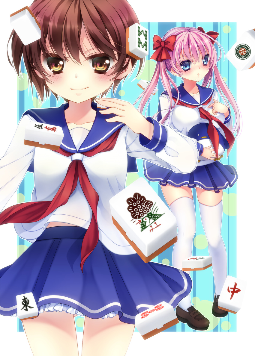 bad_id bad_pixiv_id blue_eyes blush breasts brown_hair crescent doll etopen haramura_nodoka highres kiyosumi_school_uniform large_breasts loafers mahjong mahjong_tile mikazuki_sara miyanaga_saki multiple_girls neckerchief pink_hair red_neckwear ribbon saki school_uniform serafuku shoes smile thighhighs twintails