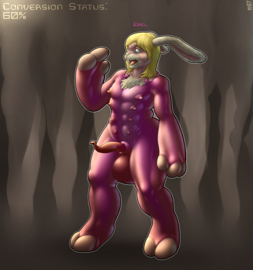 balls bdsm big_balls blonde_hair blue_eyes bondage bound chubby claws hair lagomorph looking_away male mammal mot multi_nipple nightmare_fuel nipples open_mouth penis porcine rabbit rubber shiny shocked short_hair solo standing thick transformation what what_has_science_done