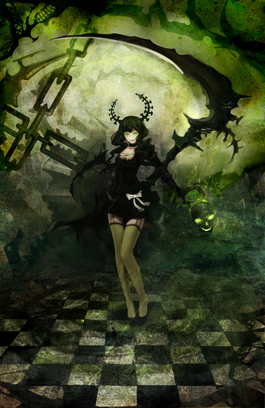 black_dress black_hair black_rock_shooter bow breasts chain checkered checkered_floor choker cleavage dead_master dress full_body garter_straps gauntlets green_eyes green_legwear highres holding holding_weapon horns long_hair looking_at_viewer medium_breasts moekyon open_mouth scythe short_dress skull smile solo standing thighhighs weapon white_bow