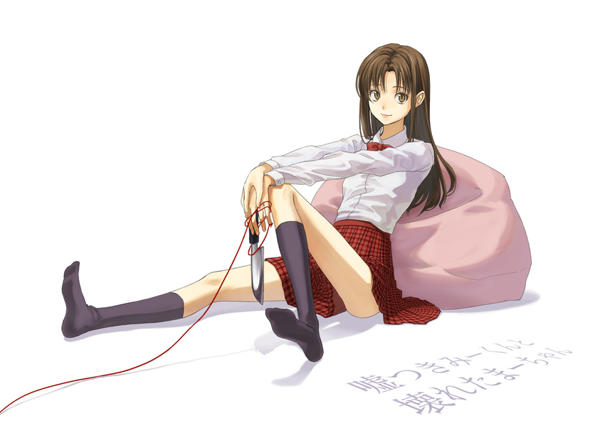 brown_eyes brown_hair copyright_name holding kneehighs knife long_hair misono_mayu pillow plaid red_string school_uniform skirt solo string toreso usotsuki_mii-kun_to_kowareta_maa-chan