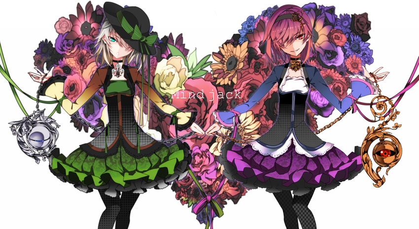 alternate_costume chain choker dress flower green_eyes hair_over_one_eye hairband hat hat_ribbon heart highres karlwolf komeiji_koishi komeiji_satori long_sleeves looking_at_viewer multiple_girls pantyhose pink_hair red_eyes ribbon rose short_hair siblings silver_hair sisters skirt smile symmetry third_eye touhou white_background white_hair wide_sleeves