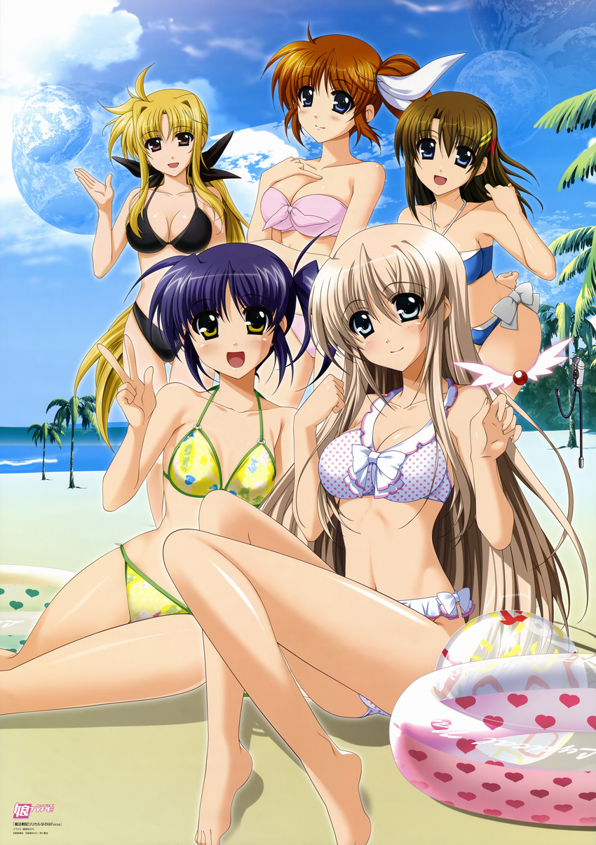 5girls absurdres ball beach beachball bikini blonde_hair blue_eyes breasts brown_hair cleavage cloud fate_testarossa feet hair_ornament hairclip higa_yukari highres innertube isis_eaglet legs lily_strosek long_hair lyrical_nanoha mahou_senki_lyrical_nanoha_force mahou_shoujo_lyrical_nanoha moon multiple_girls nyantype ocean official_art open_mouth polka_dot polka_dot_bikini polka_dot_swimsuit purple_hair short_hair sky smile swimsuit takamachi_nanoha v very_long_hair water yagami_hayate yellow_eyes