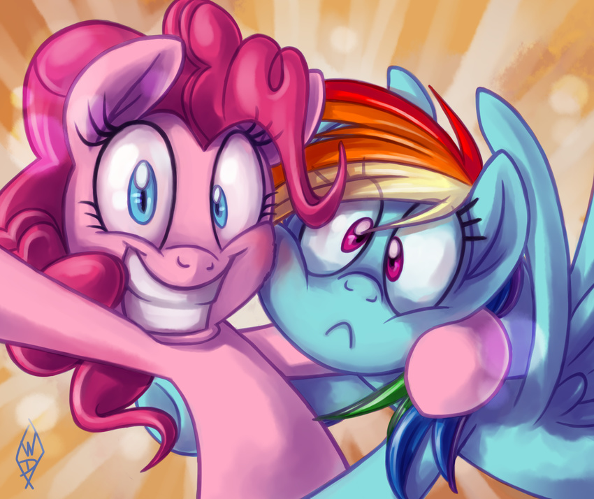 blue_eyes blue_fur duo equine female feral friendship_is_magic fur grin hair horse looking_at_viewer mammal multi-colored_hair my_little_pony pegasus pink_fur pink_hair pinkie_pie_(mlp) pony purple_eyes rainbow_dash_(mlp) rainbow_hair whitediamonds wings