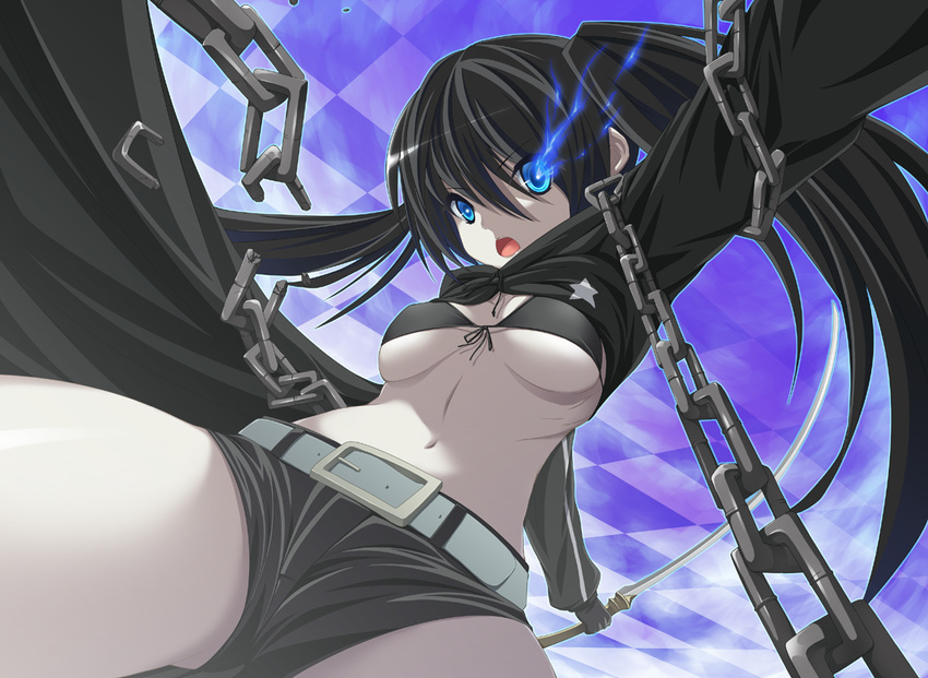 bad_id bad_pixiv_id belt bikini_top black_hair black_rock_shooter black_rock_shooter_(character) blue_eyes breasts chain checkered from_below glowing hood hoodie long_hair medium_breasts open_mouth perspective short_shorts shorts solo somejima sword twintails underboob weapon