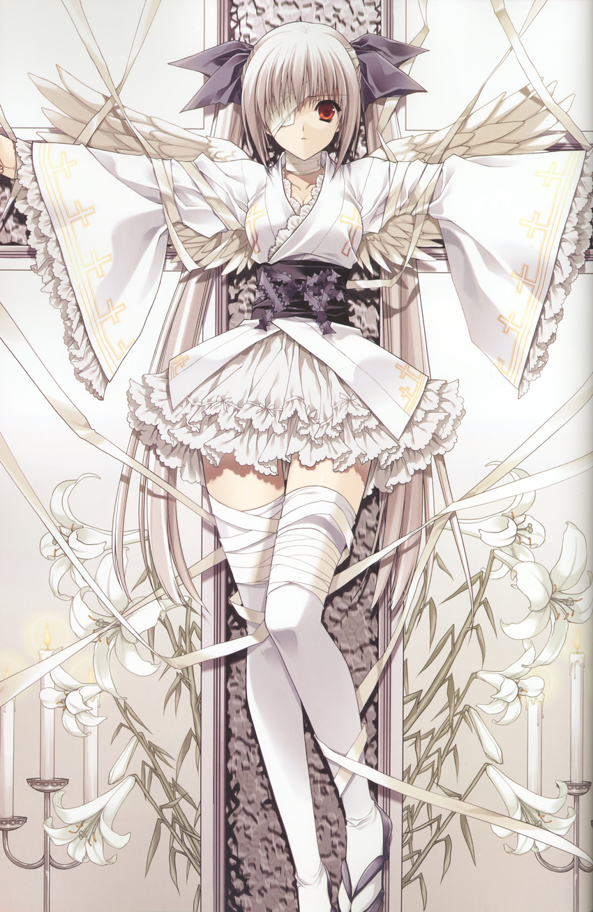 absurdres angel bandage bandages candle cross crucifix crucifixion eyepatch flower frills highres long_hair thigh-highs thighhighs twintails white_hair wings