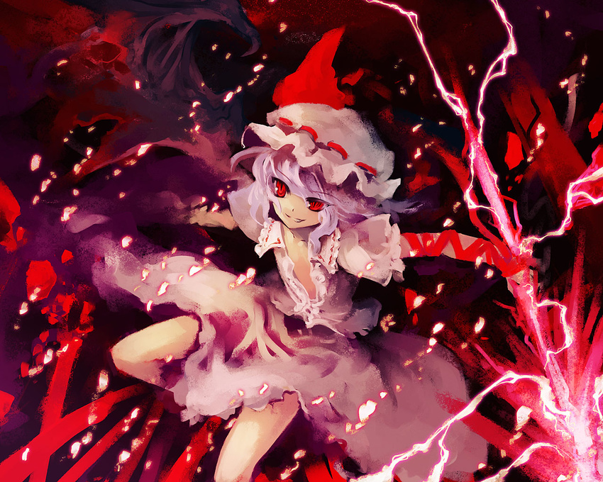 dress electricity hat looking_at_viewer looking_back mob_cap pink_dress polearm puffy_short_sleeves puffy_sleeves red_eyes remilia_scarlet short_sleeves silver_hair solo spear tokiame touhou wallpaper weapon