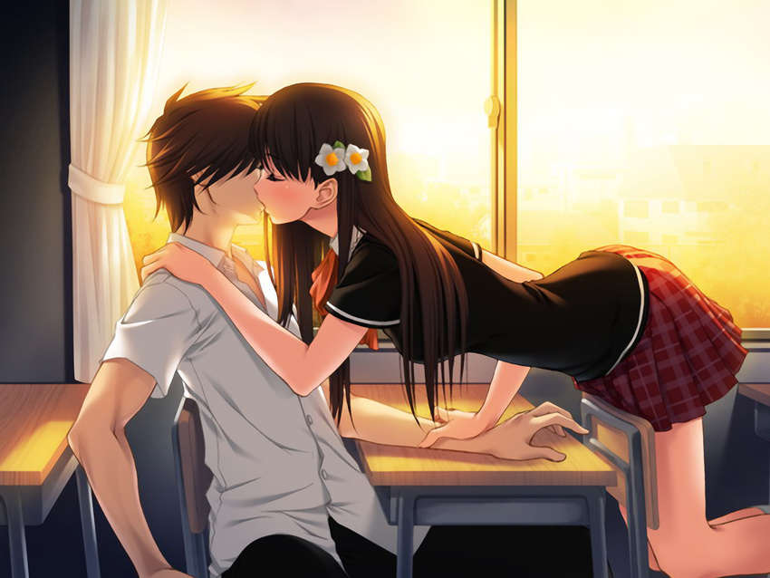 arm_grab classroom couple desk eyes_closed flower hand_on_shoulder hetero kiss long_hair school school_uniform schoolboy schoolgirl serafuku straight sunset wrist_grab