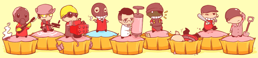 artist_request bandaged_hands bandages baseball_bat chibi cupcake everyone food glasses gun hardhat helmet long_image male_focus multiple_boys shovel syringe team_fortress_2 the_demoman the_engineer the_heavy the_medic the_pyro the_scout the_sniper the_soldier the_spy weapon wide_image