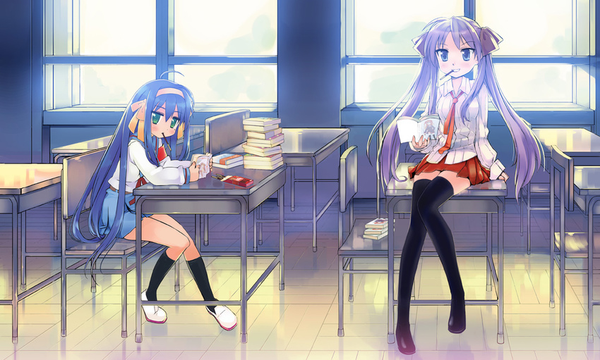 ahoge black_legwear blue_eyes blue_hair blue_sailor_collar book cosplay food green_eyes hair_ribbon hiiragi_kagami hirano_aya izumi_konata kita_high_school_uniform kneehighs long_hair lucky_star mouth_hold multiple_girls piah pleated_skirt pocky purple_hair ribbon sailor_collar school_uniform seiyuu_connection serafuku skirt smile socks suzumiya_haruhi suzumiya_haruhi_(cosplay) suzumiya_haruhi_no_yuuutsu thighhighs tsurime very_long_hair zettai_ryouiki