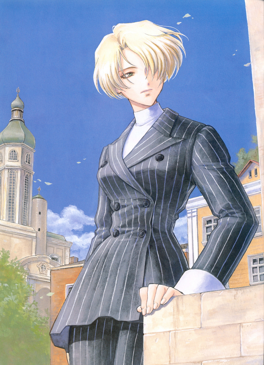 absurdres artist_request blonde_hair building church city day formal green_eyes hair_over_one_eye highres looking_to_the_side maria_tachibana outdoors pant_suit pinstripe_suit sakura_taisen short_hair sky solo striped suit turtleneck