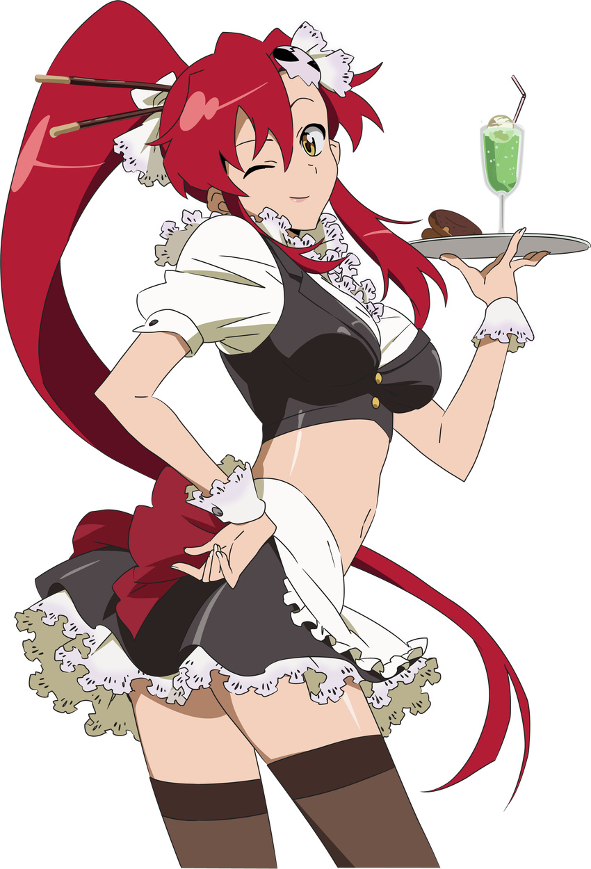 ;) absurdres apron artist_request bendy_straw big_hair black_skirt blazer breasts brown_legwear crop_top cup doughnut drinking_glass drinking_straw food food_as_clothes frilled_apron frills hair_ornament hair_stick hand_on_hip high_ponytail highres holding holding_tray jacket long_hair looking_at_viewer looking_to_the_side medium_breasts midriff miniskirt navel non-web_source one_eye_closed pieces_of_sweet_stars pocky puffy_short_sleeves puffy_sleeves red_hair shirt short_sleeves skirt sleeveless_blazer smile solo source_request standing tengen_toppa_gurren_lagann thighhighs transparent_background tray twisted_torso vector_trace very_long_hair waist_apron waitress white_apron white_shirt wrist_cuffs yoko_littner