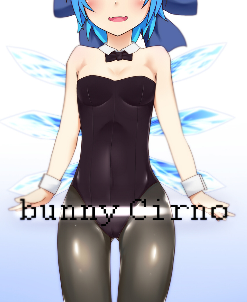 bad_id bad_pixiv_id blue_hair bow bowtie breasts bunnysuit cirno detached_collar english head_out_of_frame highres ice ice_wings leotard mantarou_(shiawase_no_aoi_tori) pantyhose short_hair small_breasts solo touhou wings wrist_cuffs