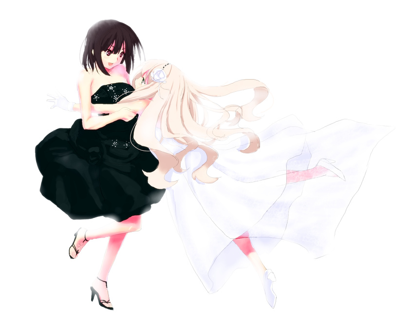 bare_shoulders black_hair black_wedding_dress blonde_hair bloom couple dress eye_contact green_eyes high_heels highres hug kawamura_reo kirisato_itsuki long_hair looking_at_another multiple_girls oekaki open_mouth red_eyes sawaguchi_mai shoes short_hair smile sono_hanabira_ni_kuchizuke_wo strapless strapless_dress tripping wedding_dress wife_and_wife yuri